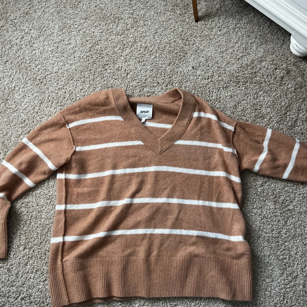 Aerie V-Neck Oversized Sweater in Brown and White Stripes XS